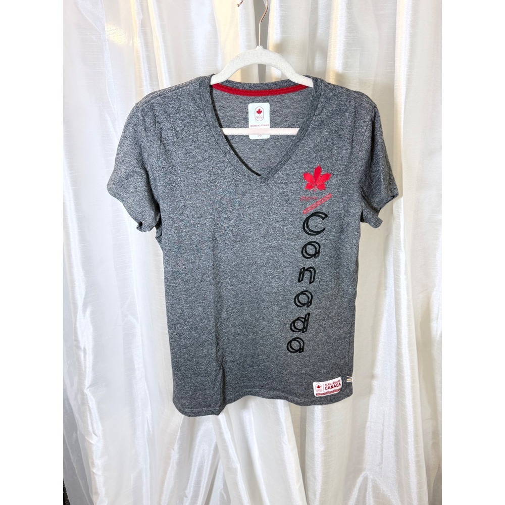 Team Canada Olympic V-Neck T-Shirt Womens Large Gray Short Sleeve Graphic Tee